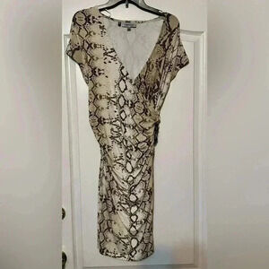 Jennifer Lopez Cream and Brown Snake Print Wrap Dress